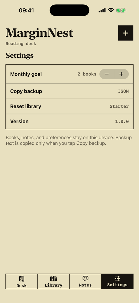 Settings view